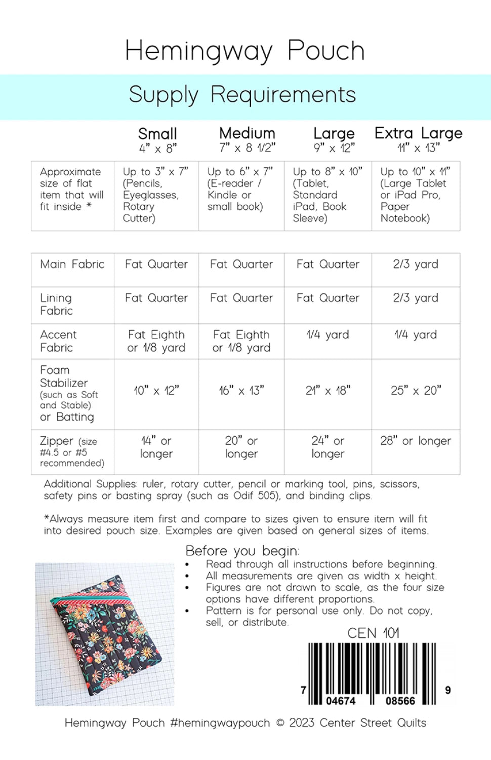 Hemingway Pouch supply requirements chart with fabric and foam measurements.