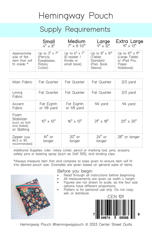 Hemingway Pouch supply requirements chart with fabric and foam measurements.