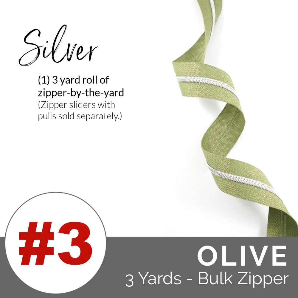 Olive #3 zipper, Silver, 3yds
