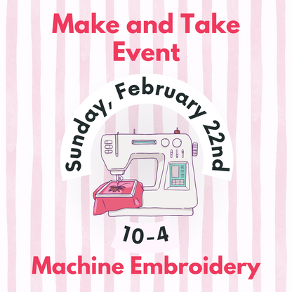 Advertisement for a machine embroidery event with a sewing machine illustration on a pink striped background.