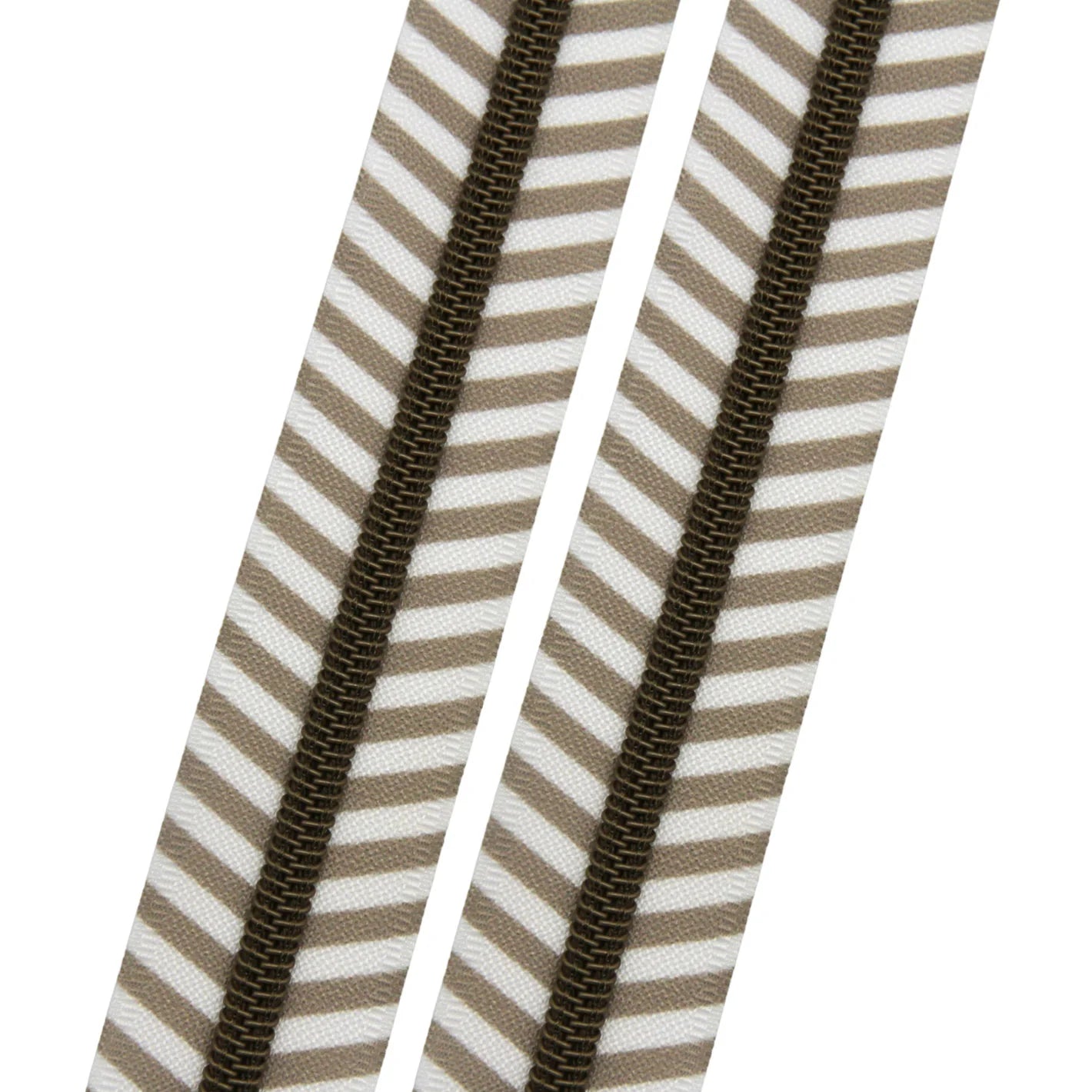 Close-up of a brown zipper on beige and white striped fabric