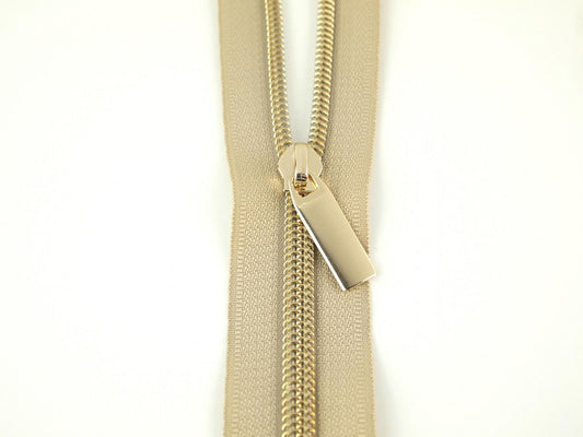 Beige #5 Nylon Gold Coil Zippers: 3 Yards with 9 Pulls