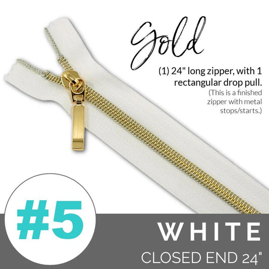 #5 Zipper, 24", White, Gold