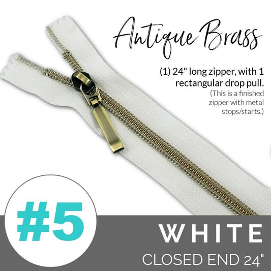 #5 Zipper, 24", White, Antique