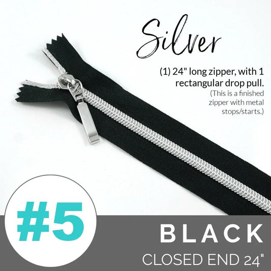 #5 Zipper, 24", Black, Silver