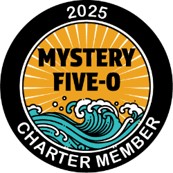 Circular logo for 'Mystery Five-O' with waves and text indicating '2025 Charter Member'.