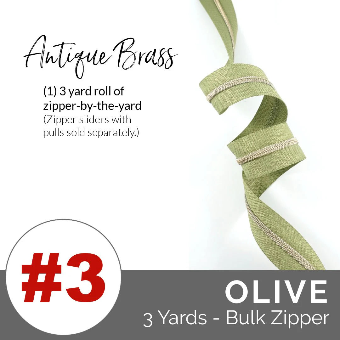 Olive #3 zipper,  Ant. Brass, 3yds,