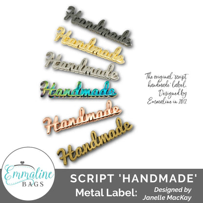 Metal Bag Label: Script Style "Handmade"